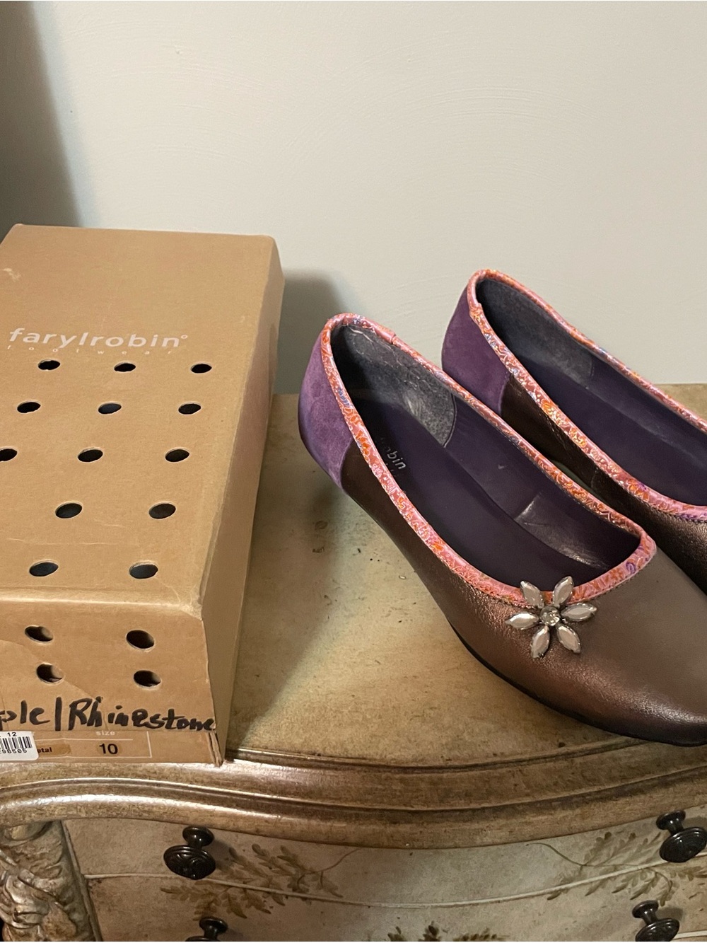 Farylrobin Brown Flats with Purple Trim and Rhinestone Flower